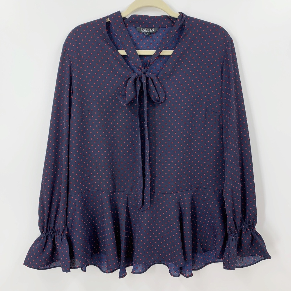 Lauren Ralph Lauren Tie-Neck Georgette Polka Dot Top Sz L